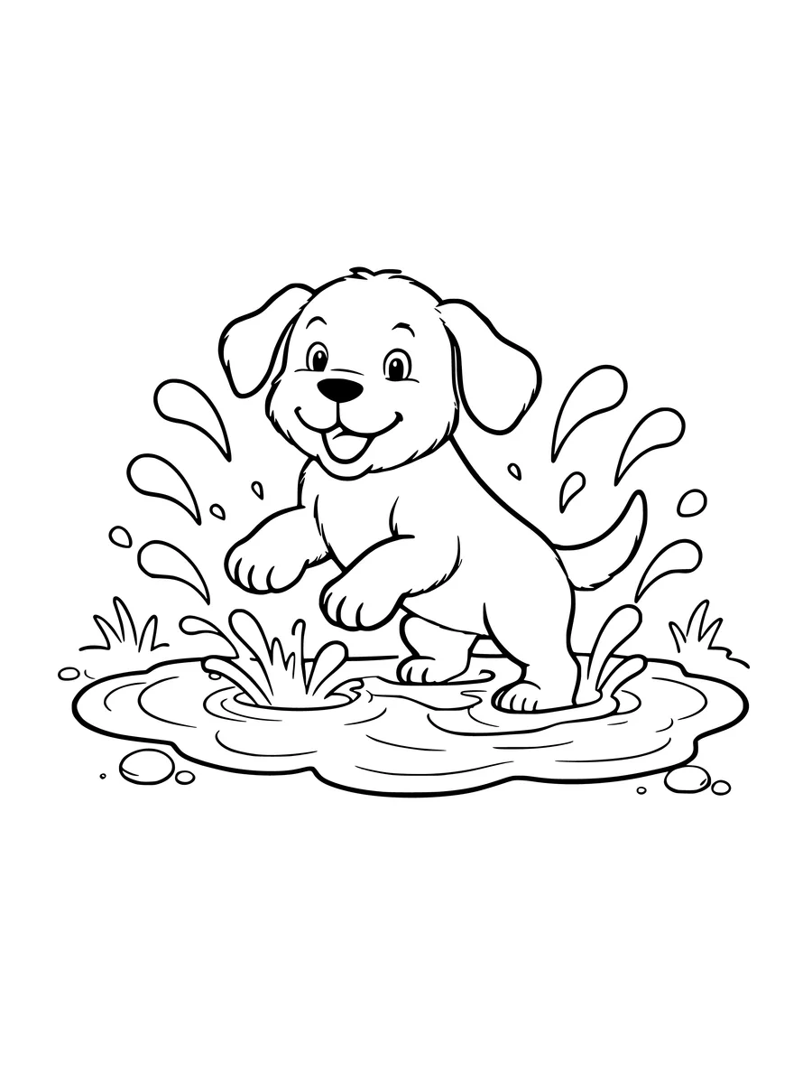 Black and white line art coloring page of puppy splashing in a puddle, medium detail