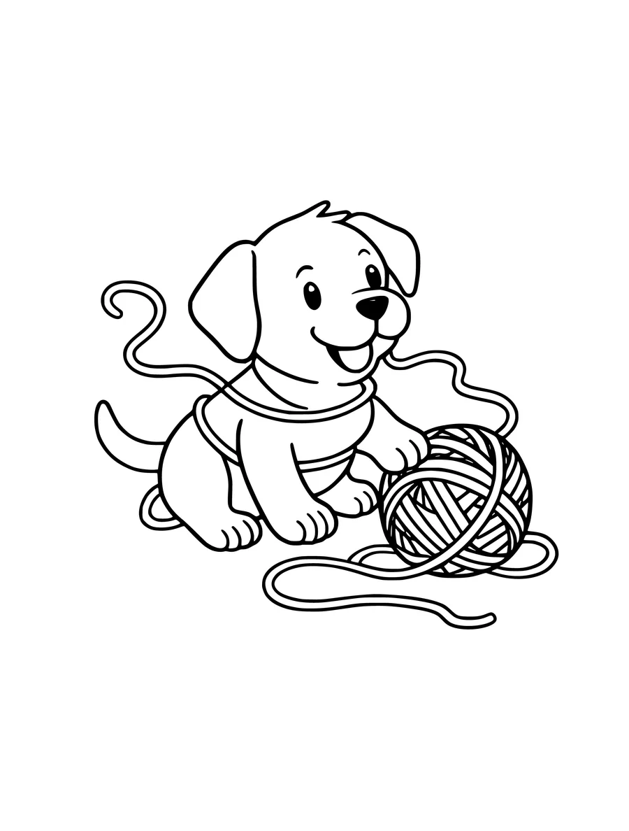 A playful puppy tangled in a ball of yarn in this clean line art drawing, coloring page