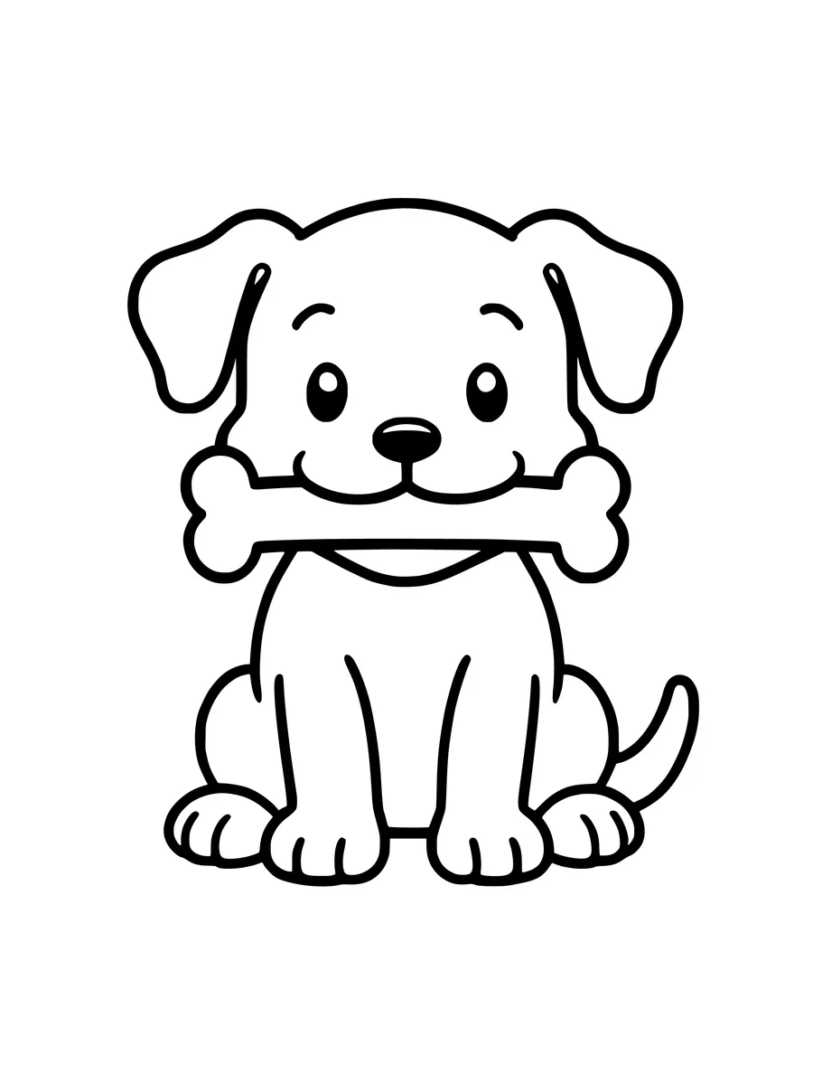 Black and white line art colouring page of puppy with a bone in its mouth, simple detail