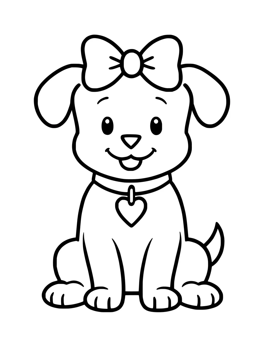 A happy puppy wearing a bow and a heart-shaped collar tag is shown in this line art, coloring page