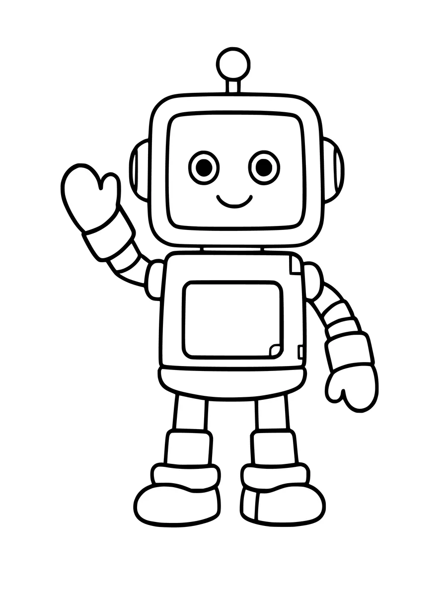 A friendly robot with a single antenna waves its hand in this clean line art, coloring page