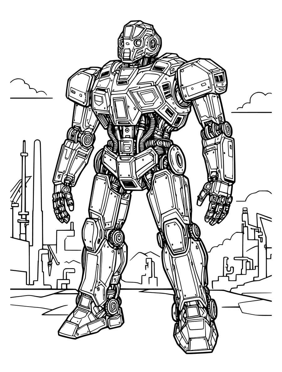 Black and white line art colouring page of giant robot with detailed panels, pistons and a cockpit, detailed detail