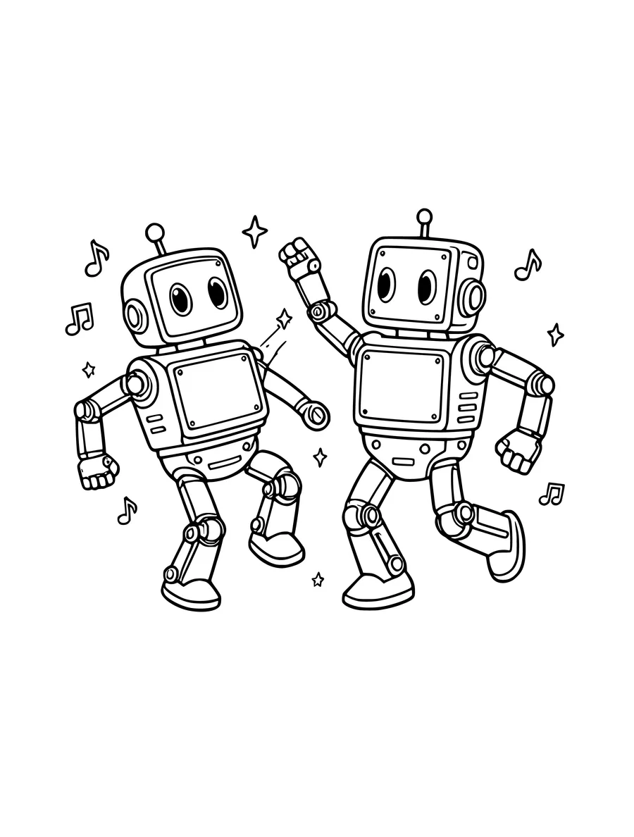 A pair of cheerful robots dance together surrounded by musical notes and small star shapes, colouring page