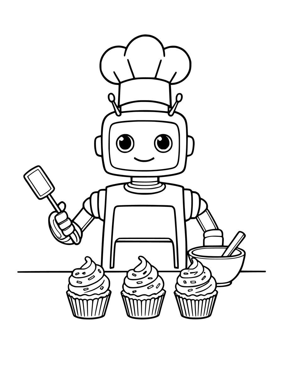 A smiling robot chef wearing a hat and holding a spatula stands behind a table with three cupcakes and a bowl, colouring page
