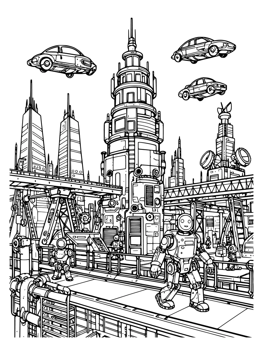 A futuristic robot city features towering buildings, walkways, and flying vehicles in this detailed line art, colouring page