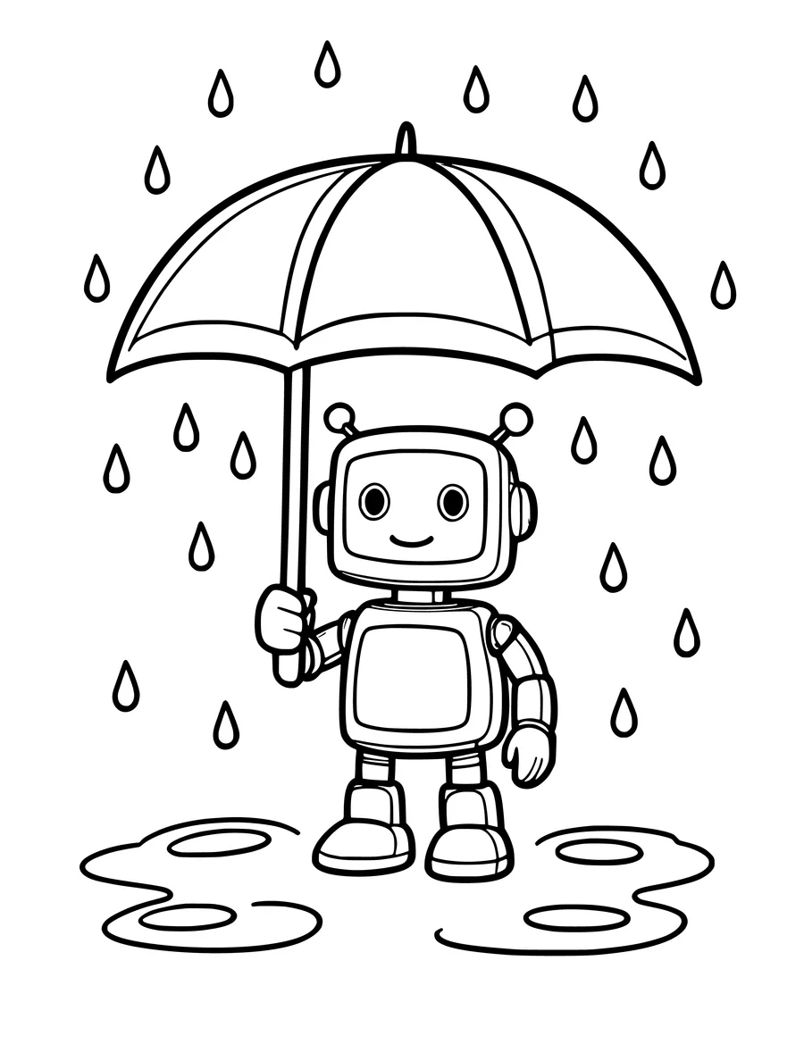 A cute robot stands in a puddle holding an umbrella while raindrops fall from the sky, coloring page