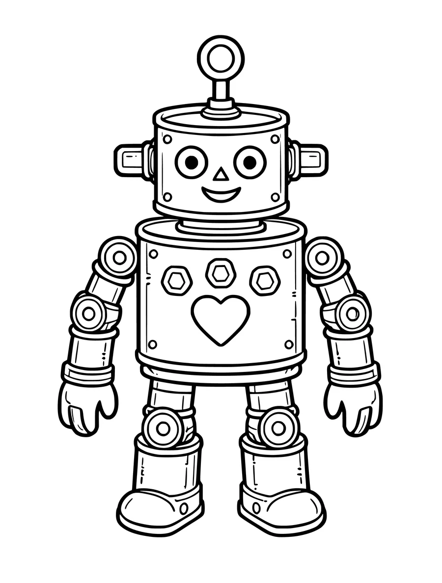 A robot constructed from tin cans and bolts features a large heart on its chest, colouring page