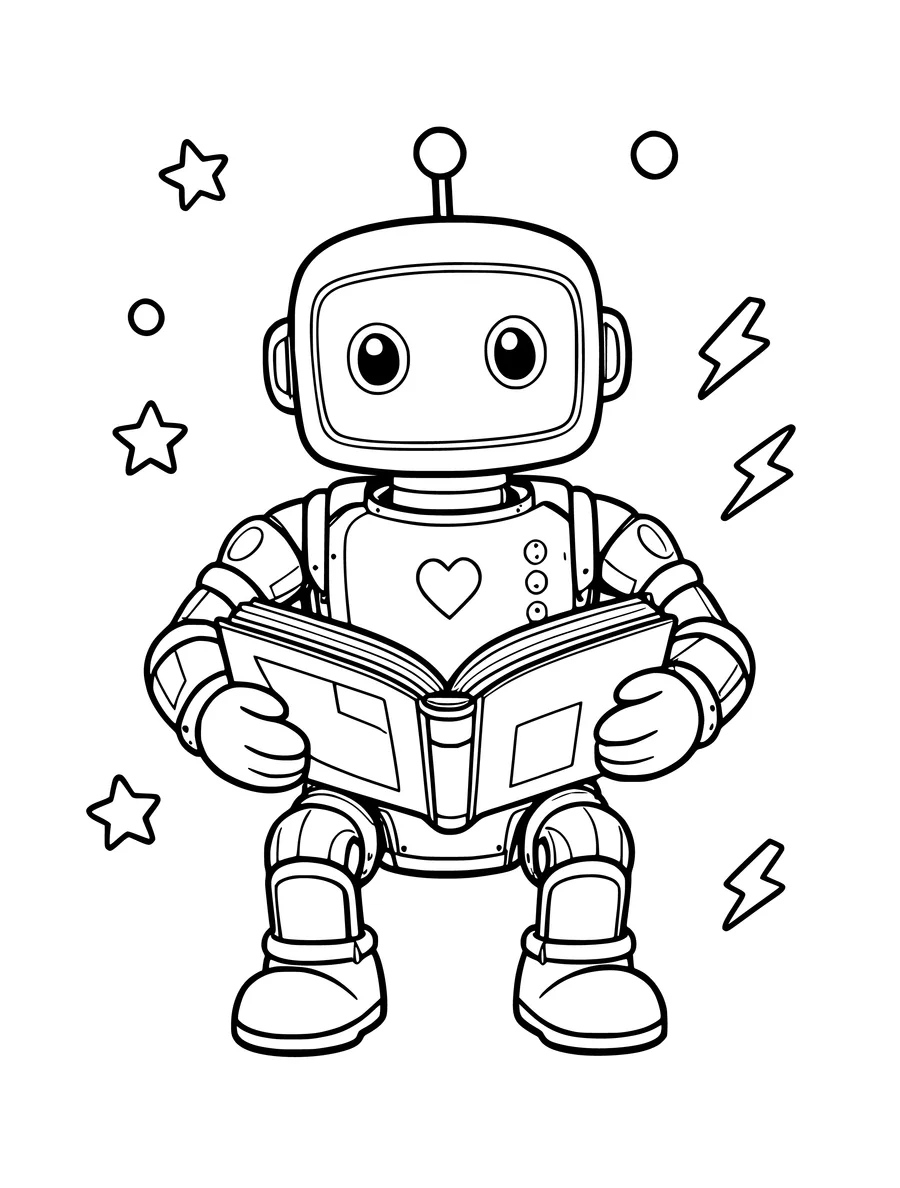 A happy robot with a heart on its chest sits and reads an open book surrounded by stars and lightning bolts, coloring page