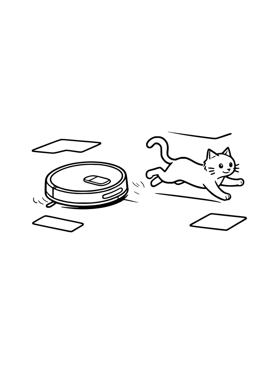 A circular robot vacuum cleaner chases a small cat across the floor in this line art, coloring page