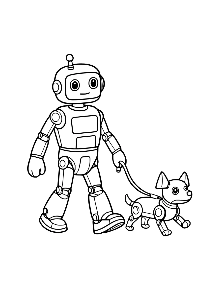 A smiling robot walks a small robot dog on a leash in this playful line art, colouring page