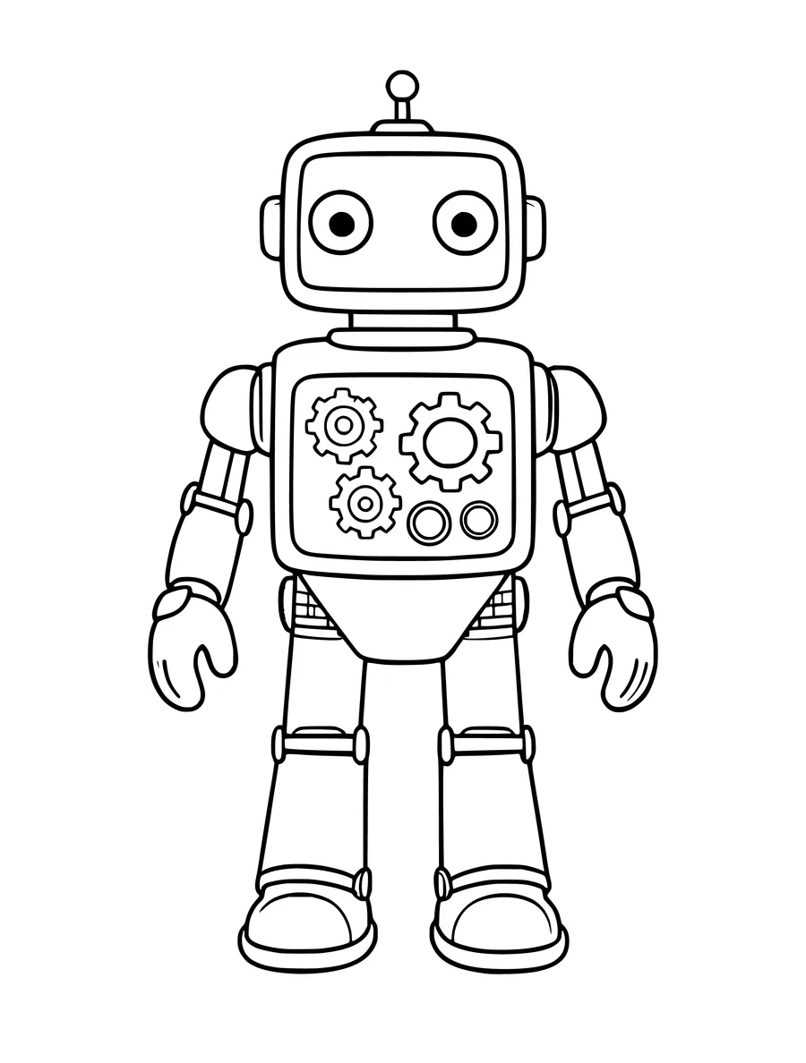 A robot with gears and circular buttons on its chest stands in this coloring page.