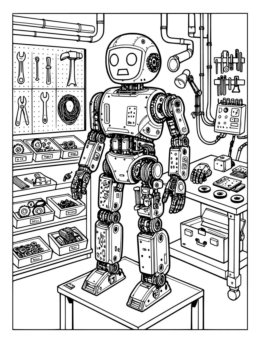 Black and white line art coloring page of robot workshop with tools, parts and a half-built robot, detailed detail