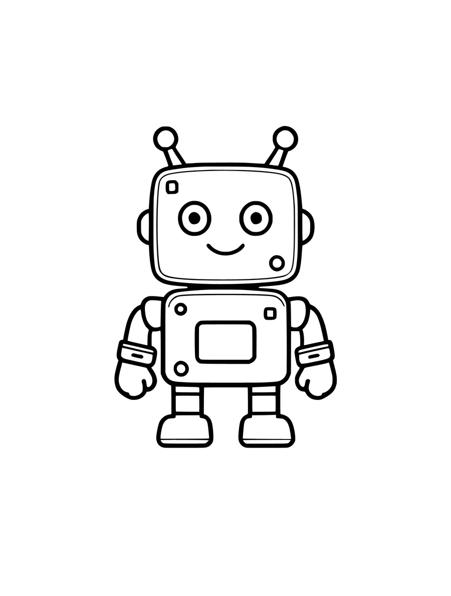 A square robot with antennae and big round eyes is shown in this simple colouring page.