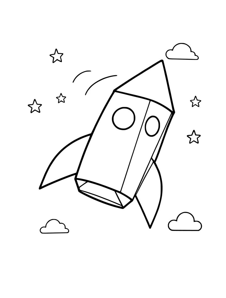 A simple cardboard box rocket with paper fins flies among stars and clouds in this colouring page.