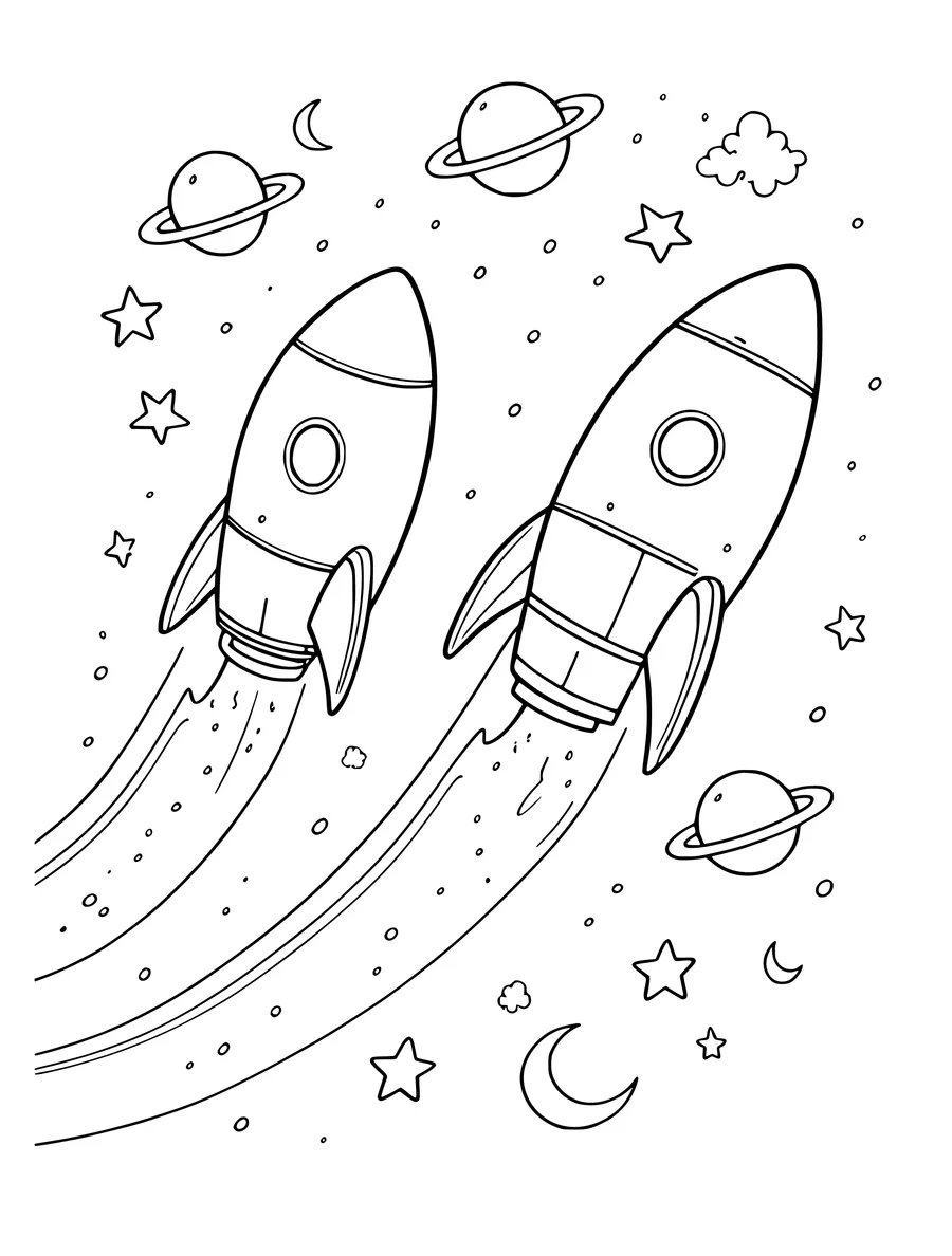 Two rockets race through space leaving trails past planets, stars, and moons in this colouring page.