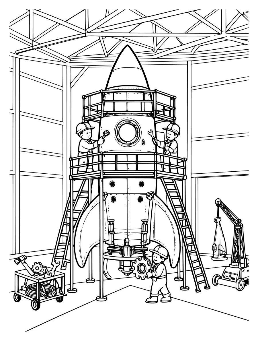 Two workers in hard hats use tools to build a rocket inside a large hangar with scaffolding.