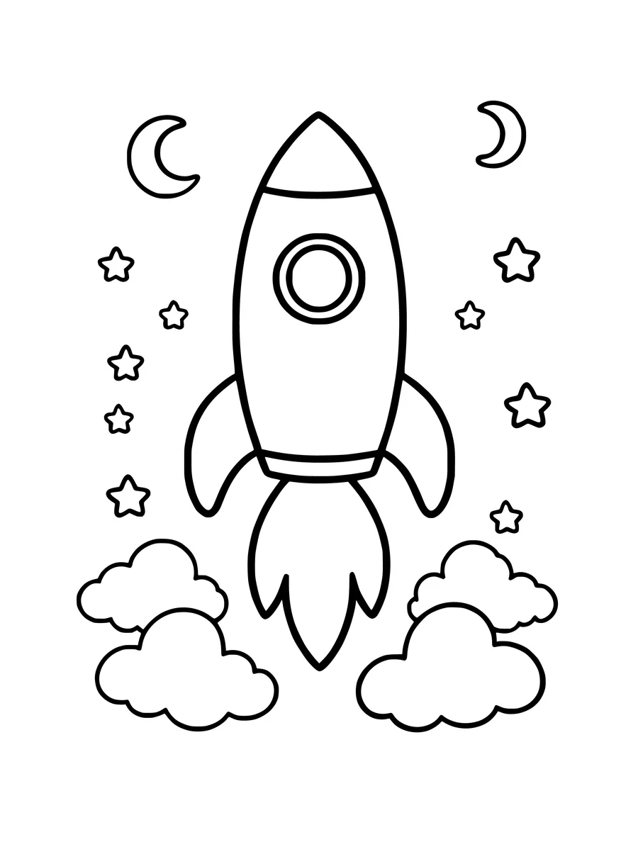 A rocket blasting off into space surrounded by stars, clouds, and a crescent moon, coloring page