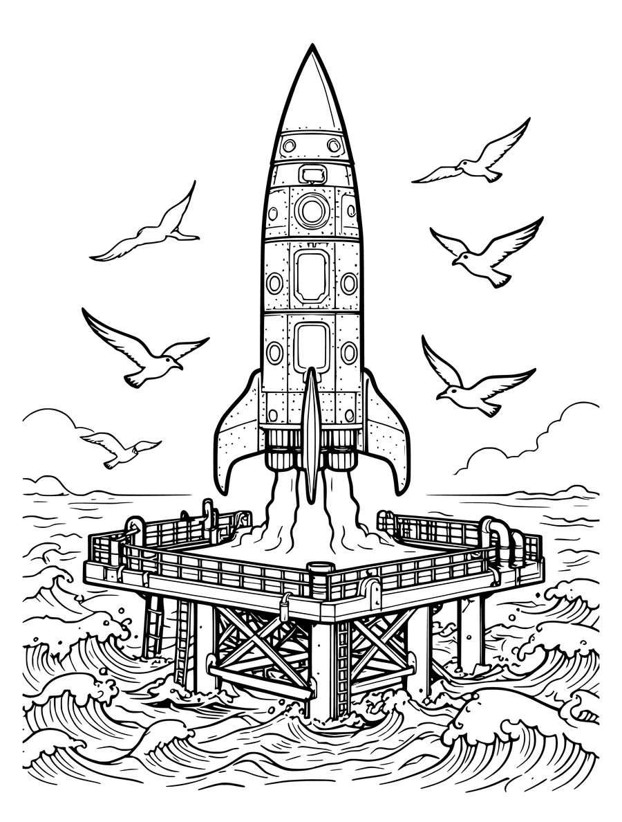 Black and white line art coloring page of rocket landing on an ocean platform with waves and seagulls, detailed detail