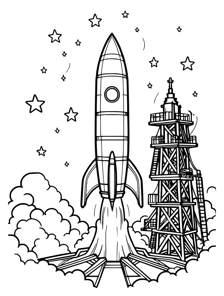 Black and white line art coloring page of rocket launch with smoke clouds, stars and a tall launch tower, detailed detail