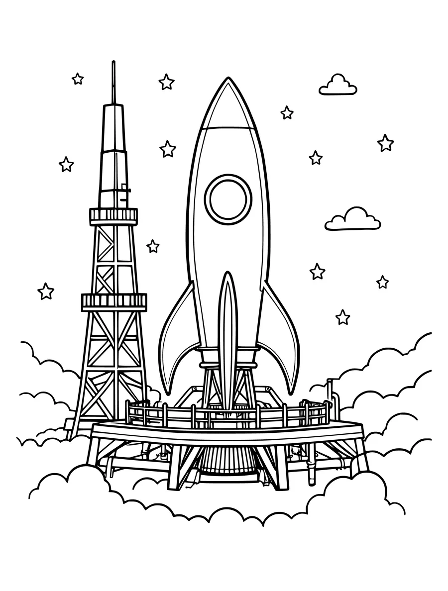 A rocket stands on a launch pad next to a tall tower, surrounded by clouds and stars, colouring page