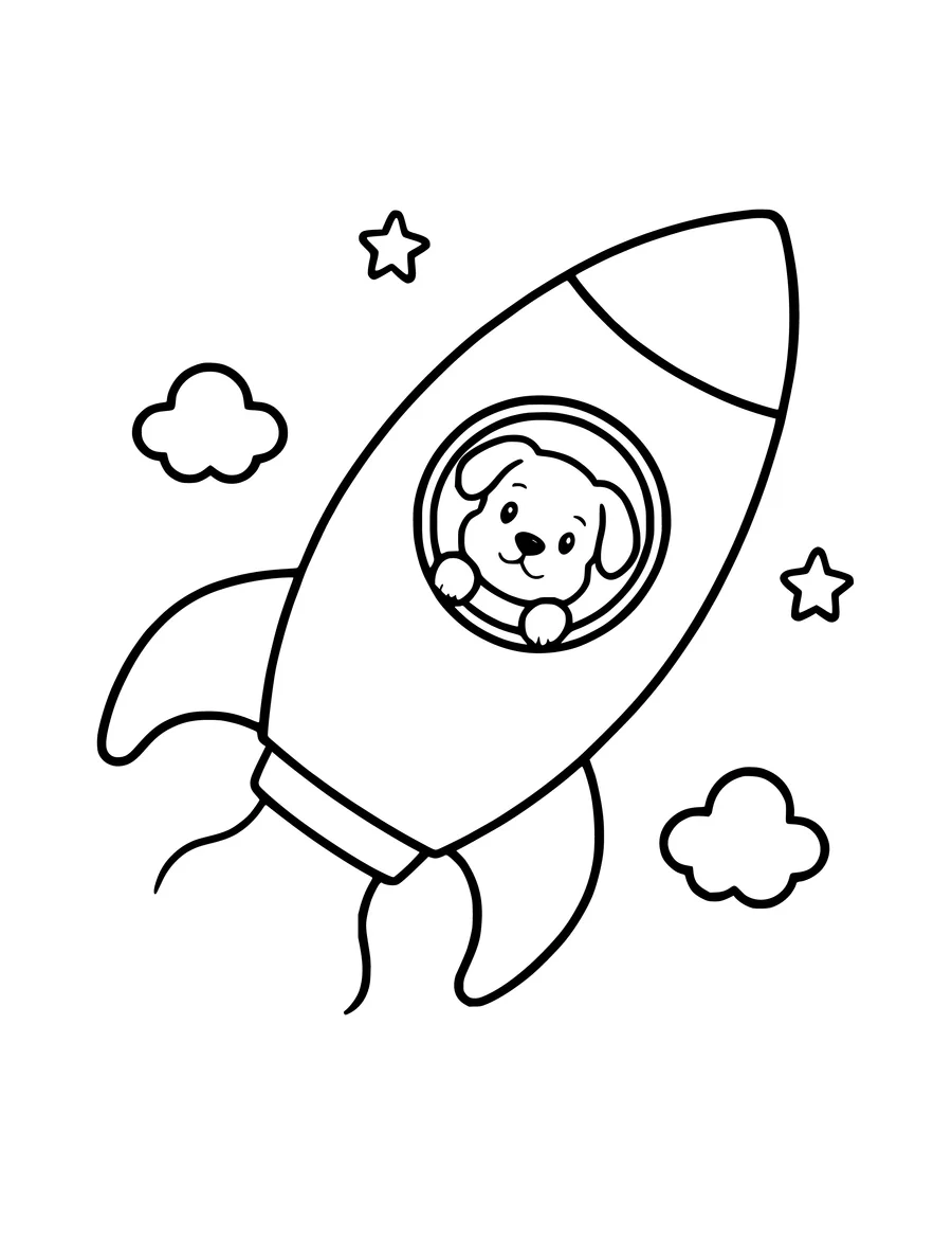 A cute puppy looks out of the round porthole of a rocket flying past stars and clouds, colouring page