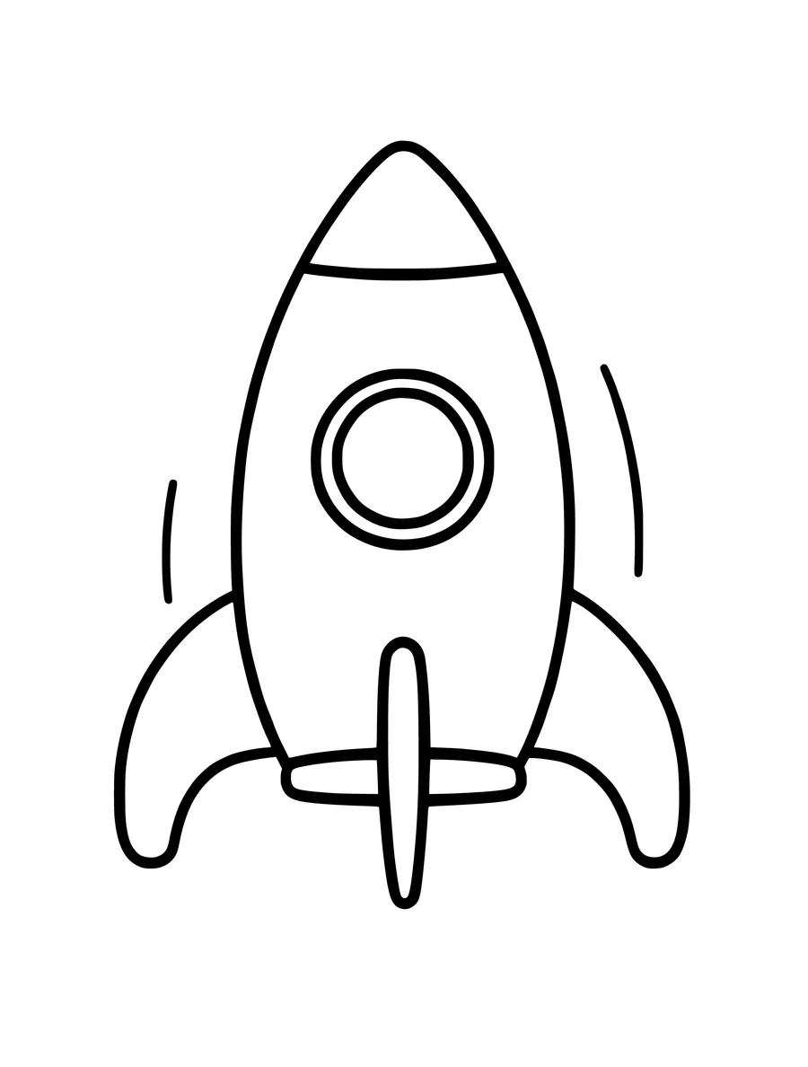 A simple colouring page of a rocket with a round window and three fins.