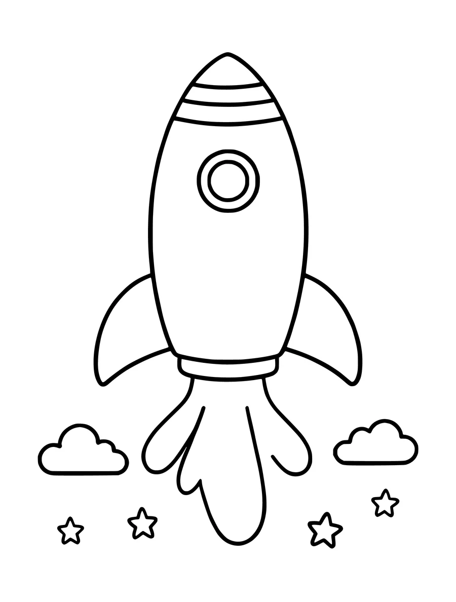 A rocket with a striped nose cone launches into the sky past clouds and stars in this coloring page.