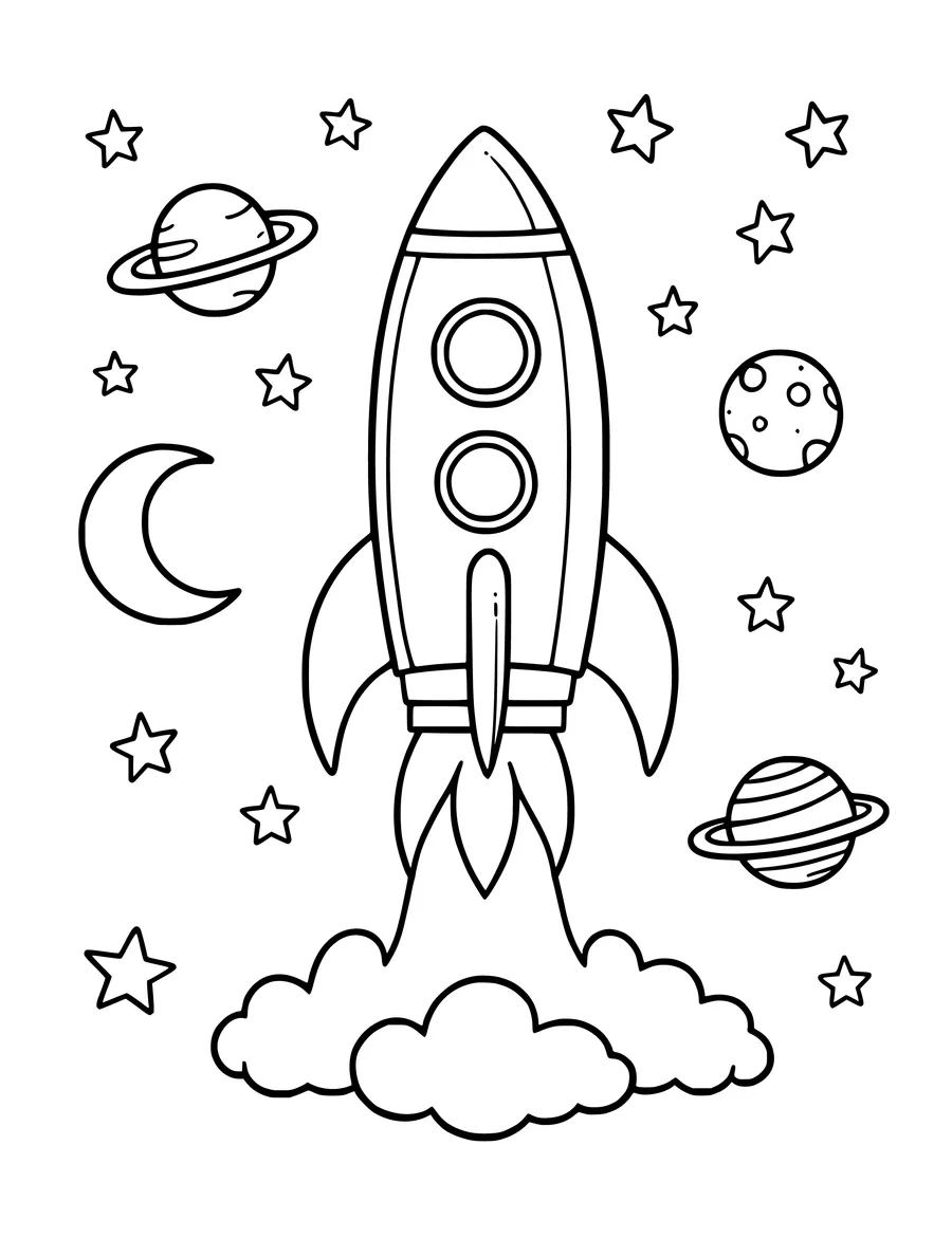 A rocket with two windows blasts off through space filled with planets, a moon, and stars, coloring page