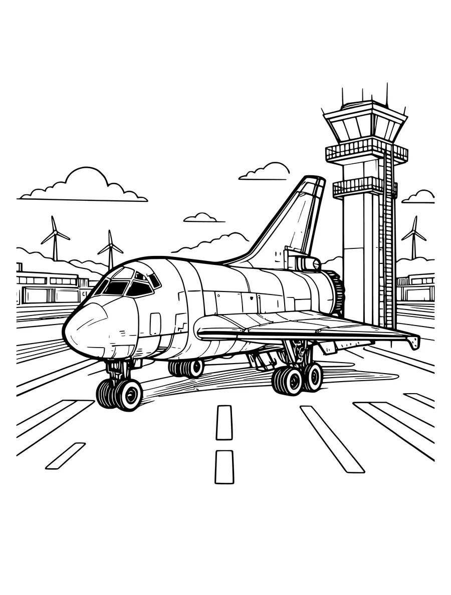A detailed space shuttle sits on a runway next to a tall control tower in this line art illustration, coloring page