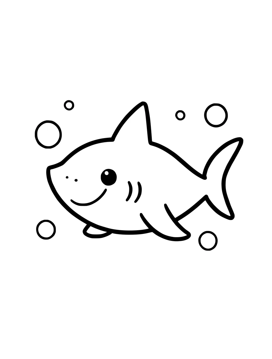 A cute baby shark swims among simple circular bubbles in this easy line art colouring page.