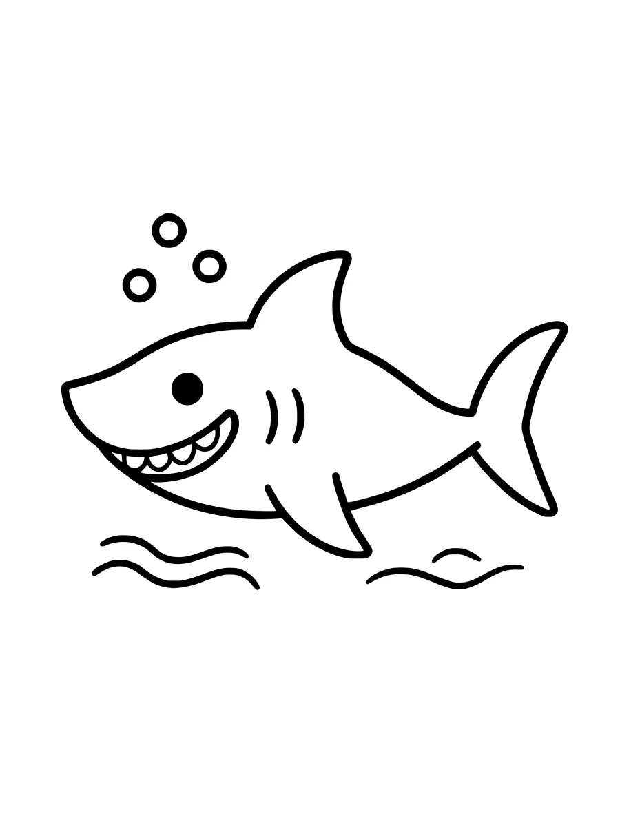 Black and white line art colouring page of friendly shark with a big smile, simple detail