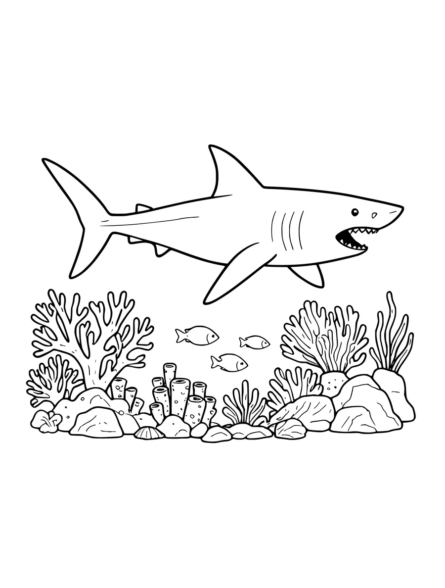 A large shark swims above an underwater reef with coral and small fish in this printable line art.