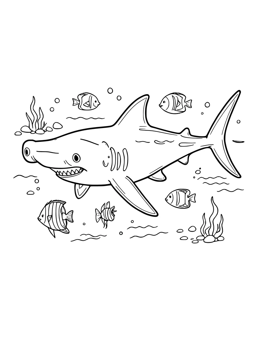 A hammerhead shark surrounded by small fish and seaweed in this detailed underwater colouring page.