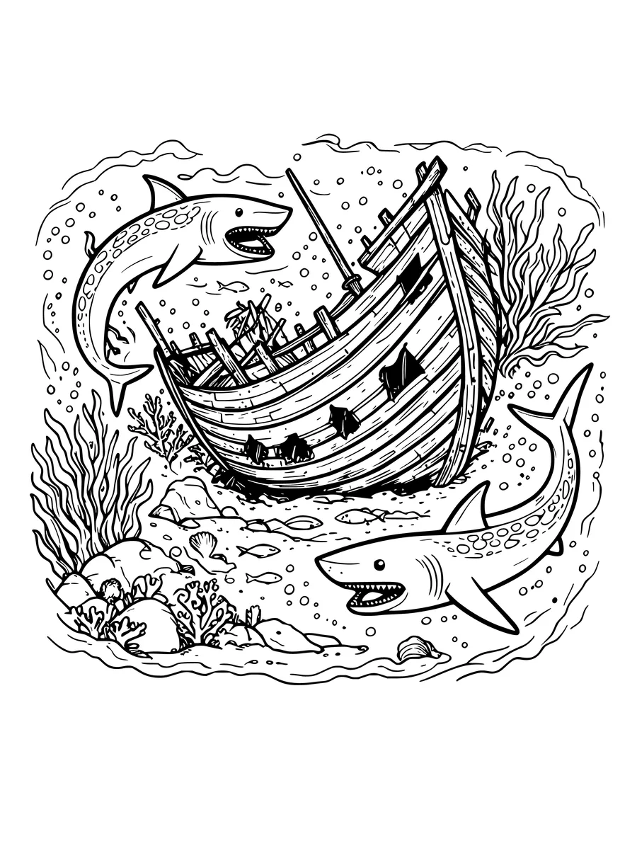 Black and white line art colouring page of pair of sharks circling a shipwreck, detailed detail