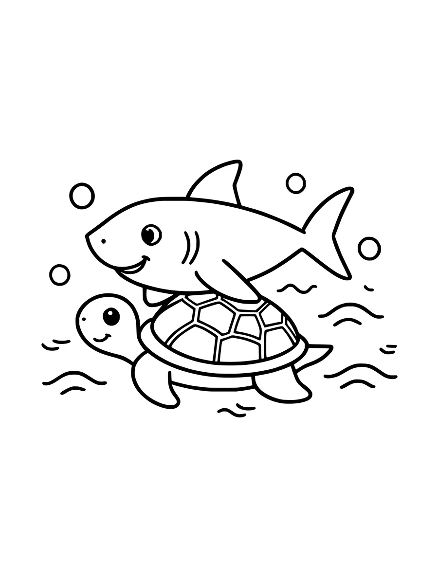 A smiling shark rests on the back of a friendly sea turtle in this cute line art, coloring page