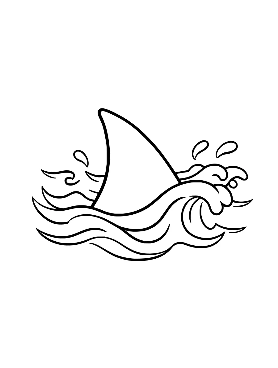 Black and white line art coloring page of shark fin cutting through waves, medium detail