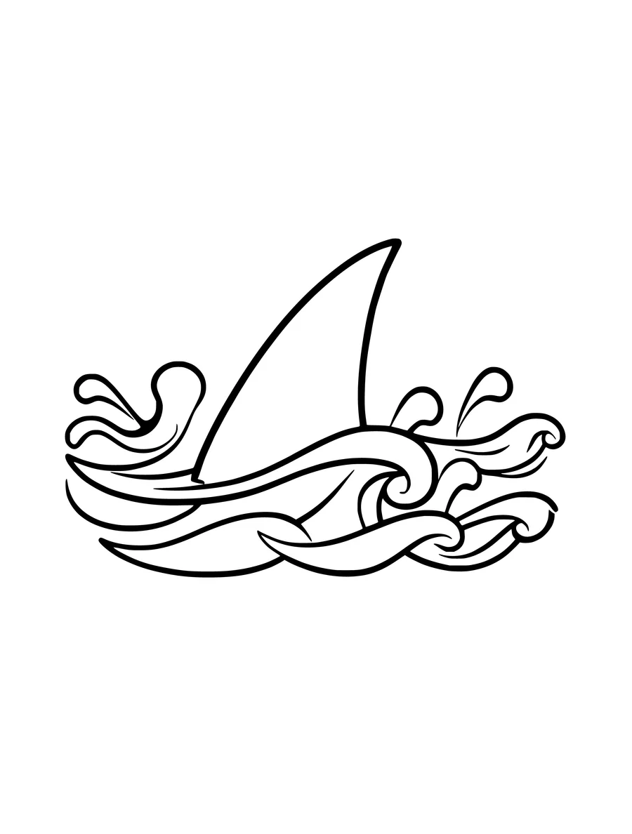 Black and white line art colouring page of shark fin cutting through waves, medium detail