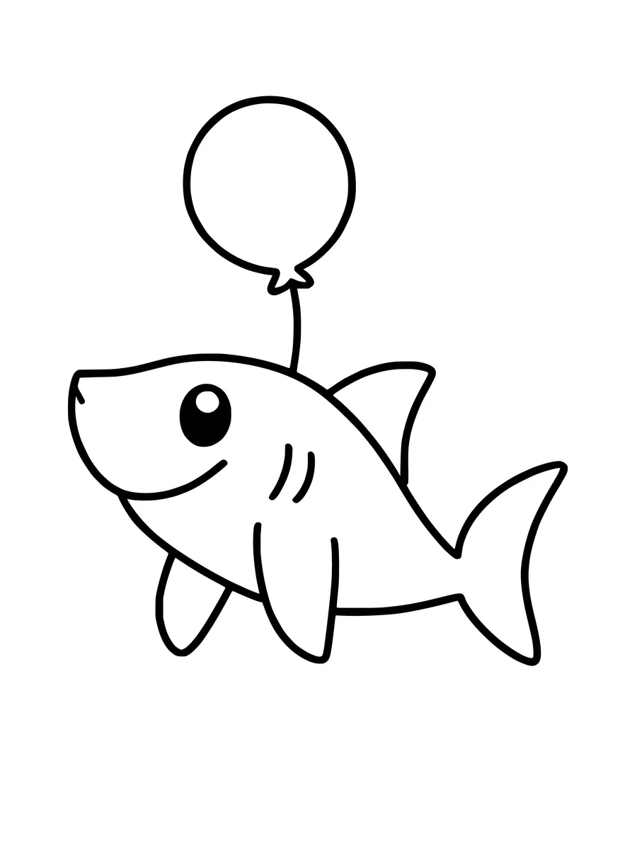 Black and white line art coloring page of shark holding a balloon, simple detail