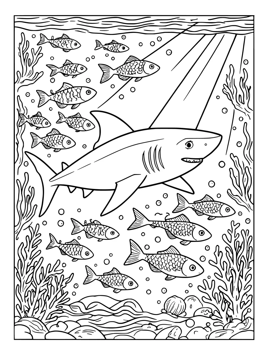 A shark swims through a school of fish and sunbeams in this detailed underwater coloring page.