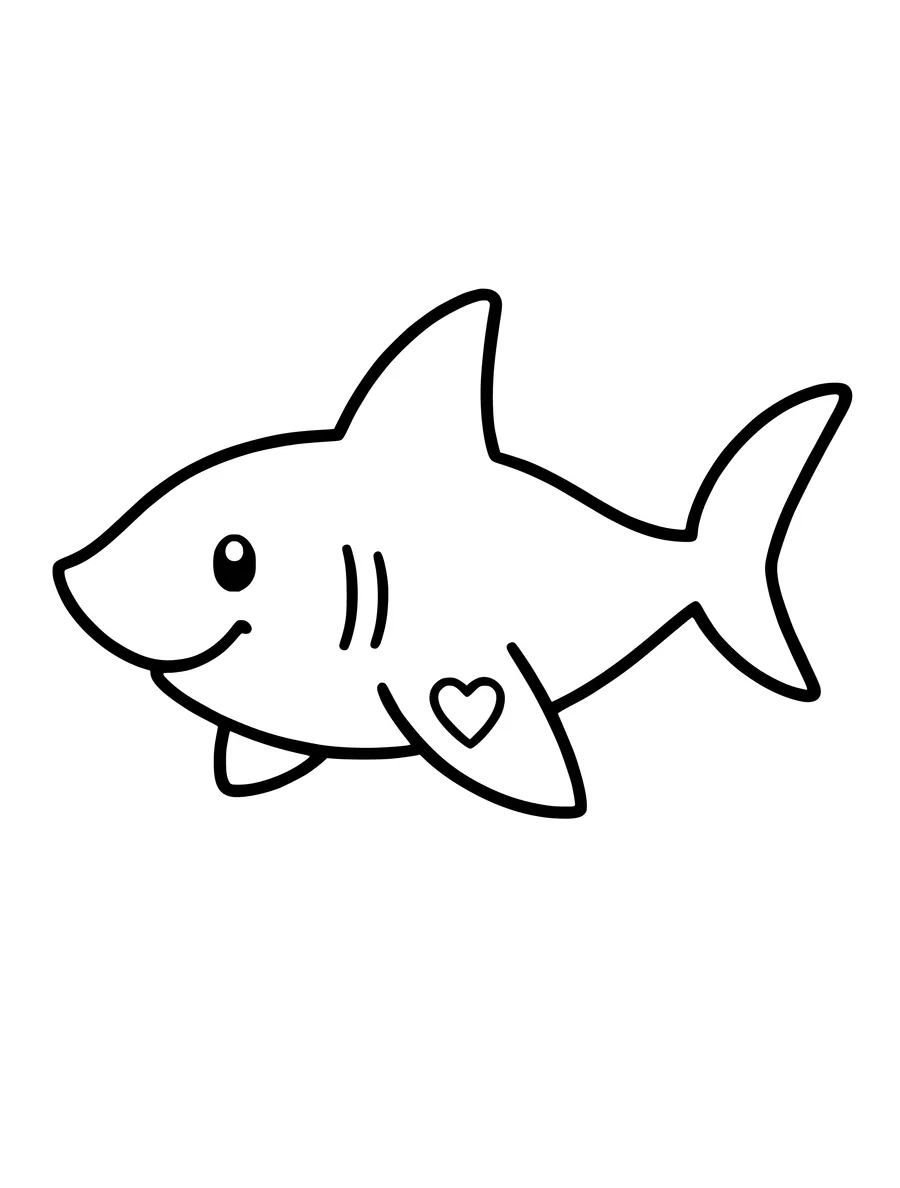 Black and white line art coloring page of shark with a heart on its fin, simple detail