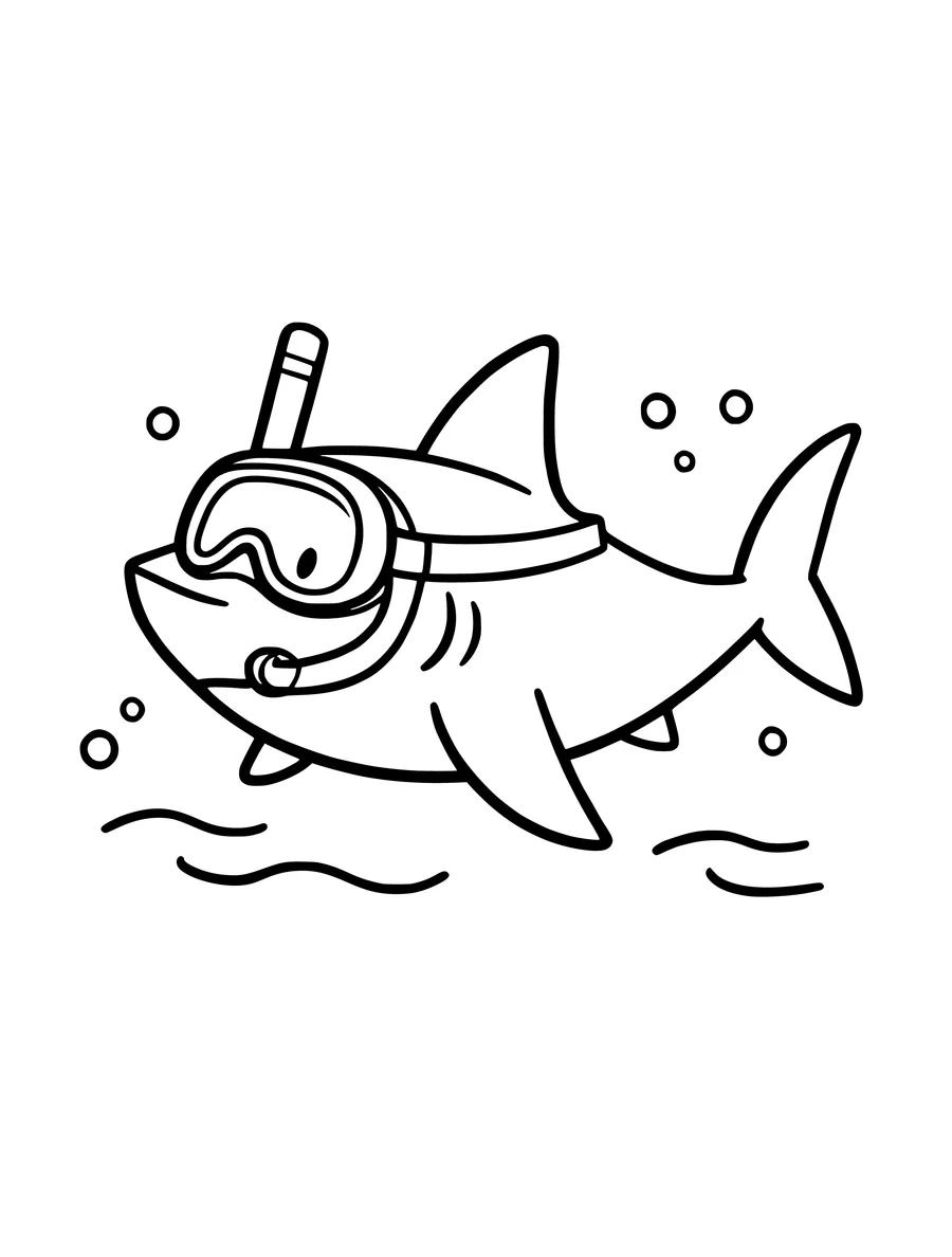A cheerful shark wearing a snorkel and goggles swims through the water in this simple coloring page.