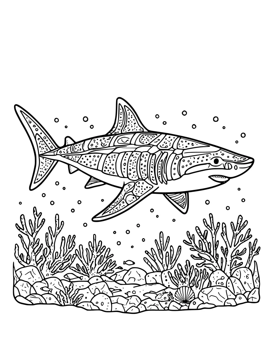 A shark with detailed skin patterns and gills swims above a rocky seabed in this intricate line art, colouring page