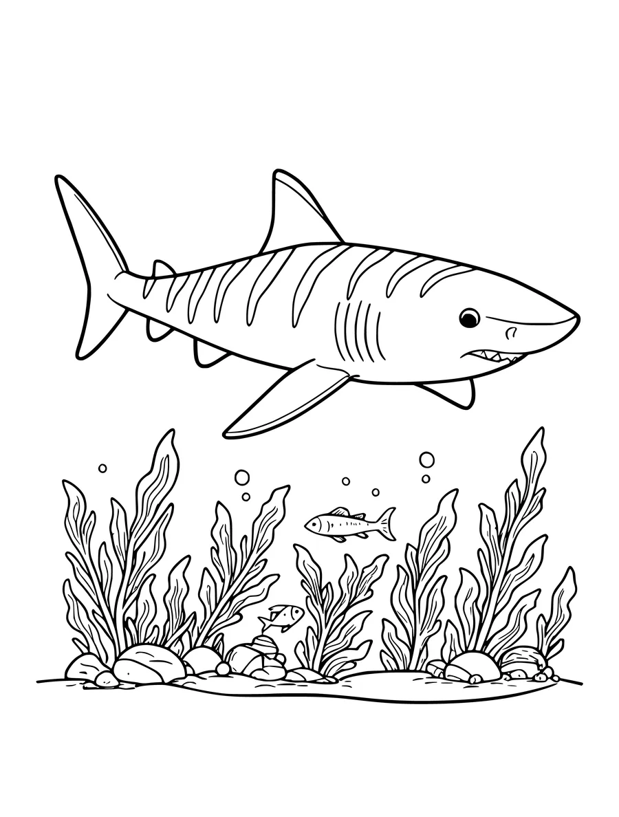 A tiger shark swims above rocks and tall kelp in this simple colouring page.