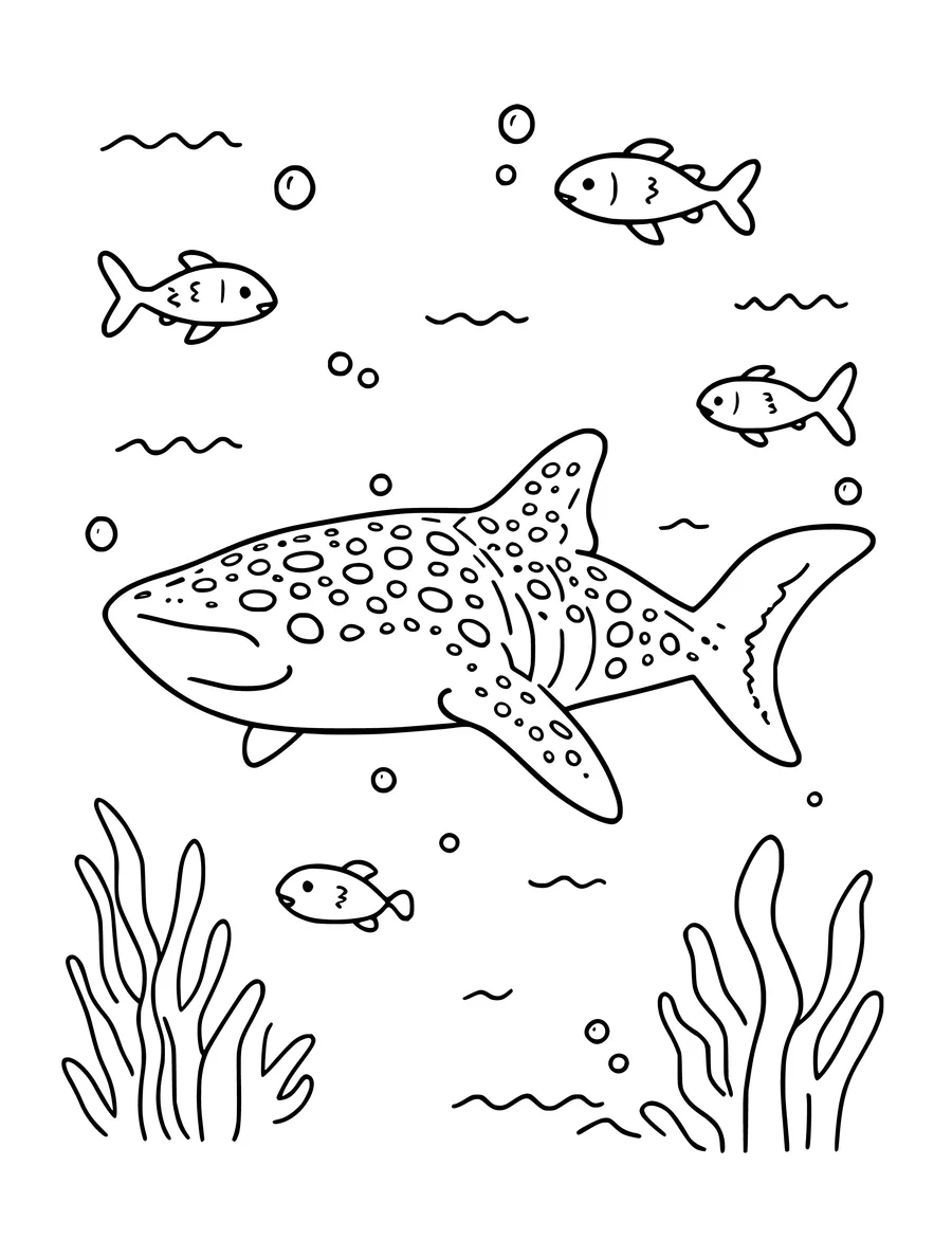 A spotted whale shark swims past seaweed and small fish in this charming underwater colouring page.