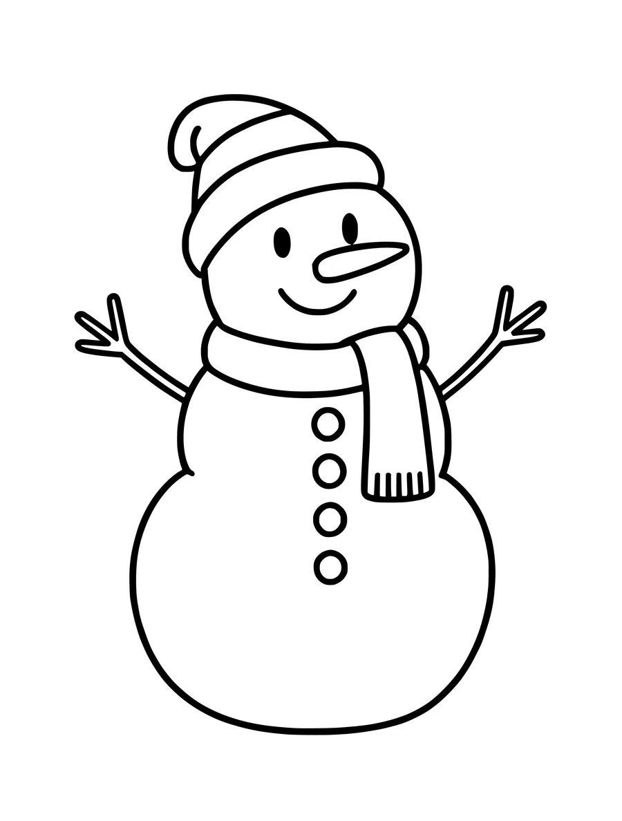 A happy snowman with twig arms and a striped hat stands in the snow in this simple colouring page.
