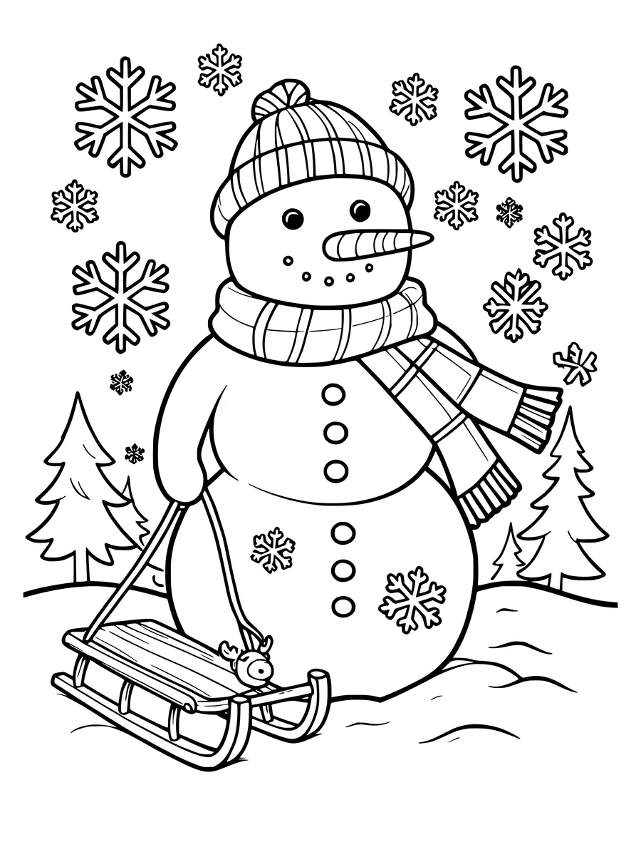 A detailed colouring page showing a snowman with a scarf and a sled surrounded by winter snowflakes.