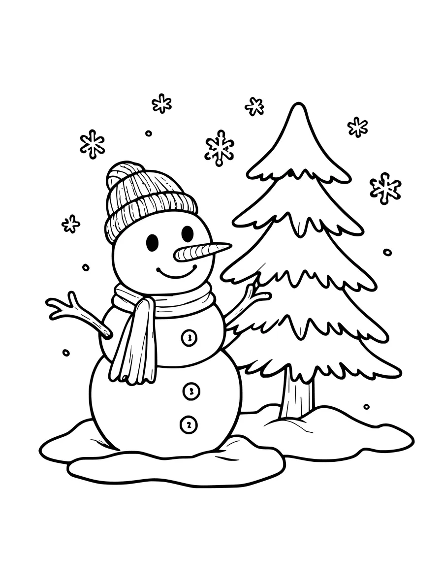 Black and white line art coloring page of snowman beside a snowy pine tree, medium detail