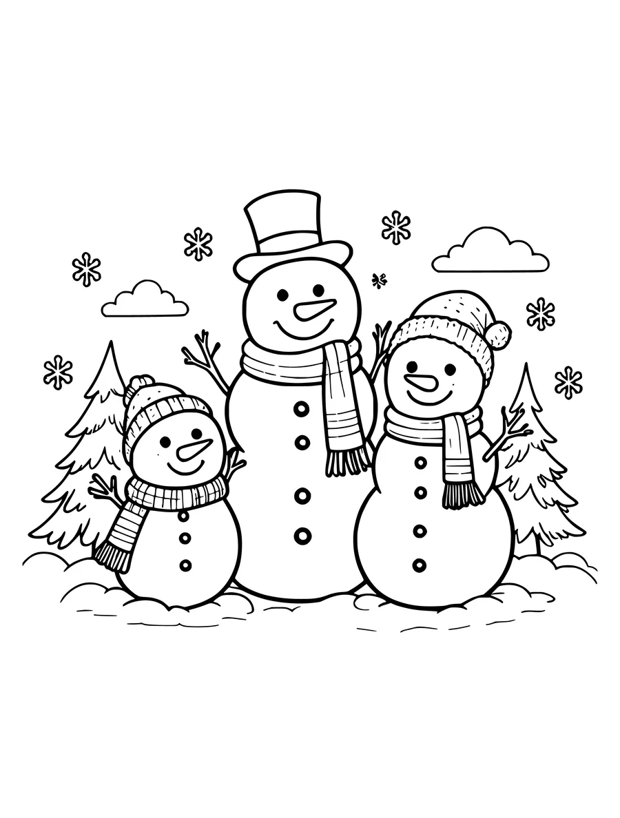 A snowman family of three stands together in a snowy landscape with pine trees and clouds in the background, colouring page