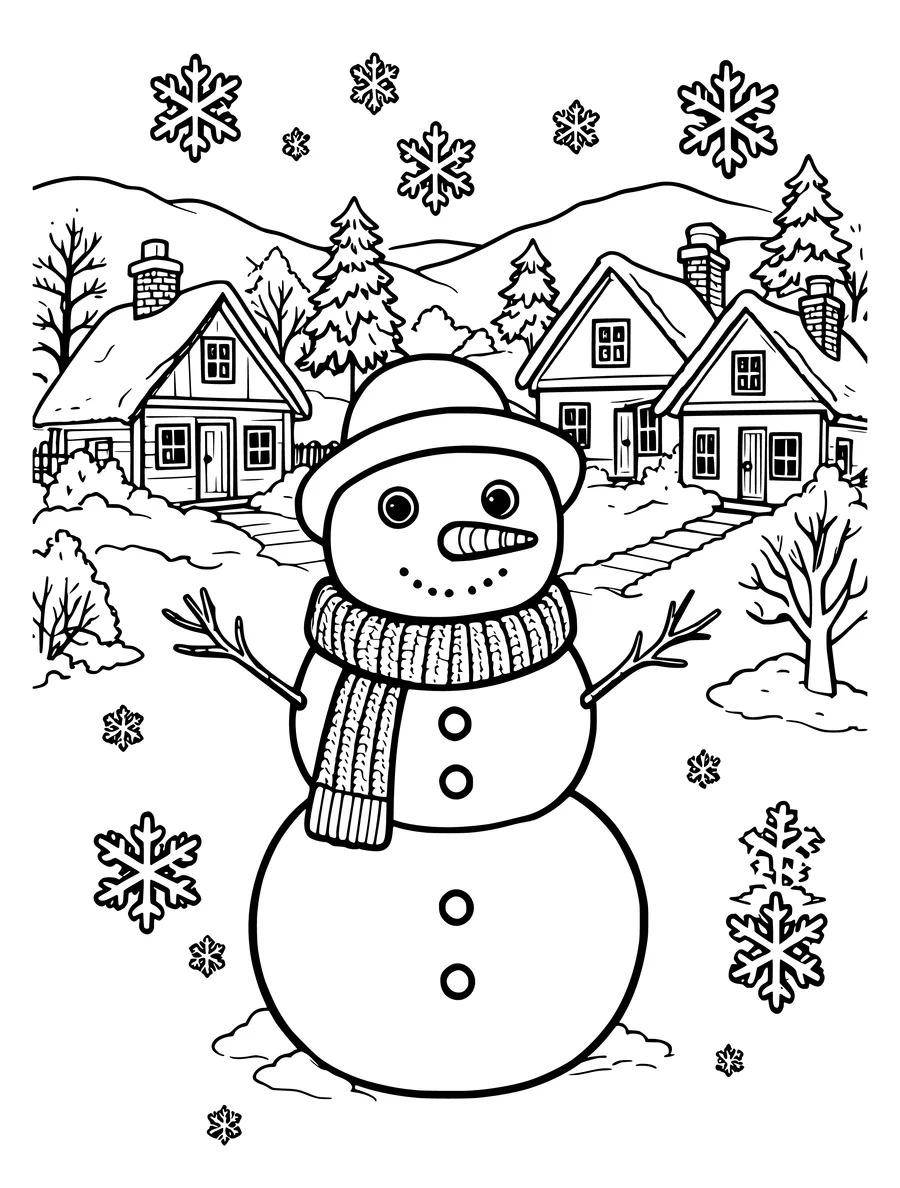 Black and white line art coloring page of snowman in a village scene with houses and falling snow, detailed detail