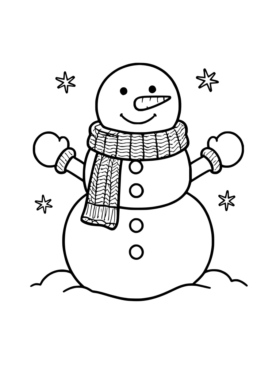 A snowman wearing a winter scarf and mittens stands in the snow with snowflakes falling around it, coloring page